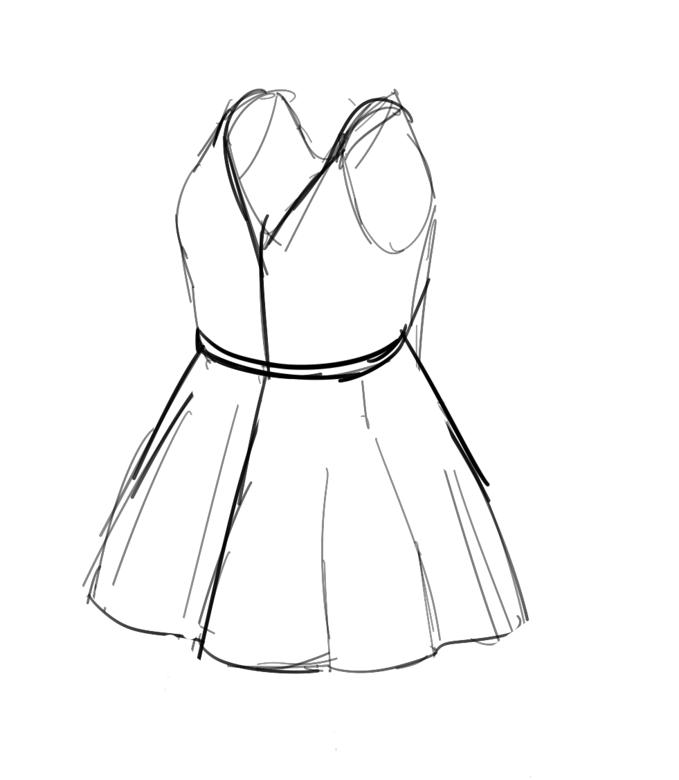 Sketch of a simple dress, knee length, no sleeves