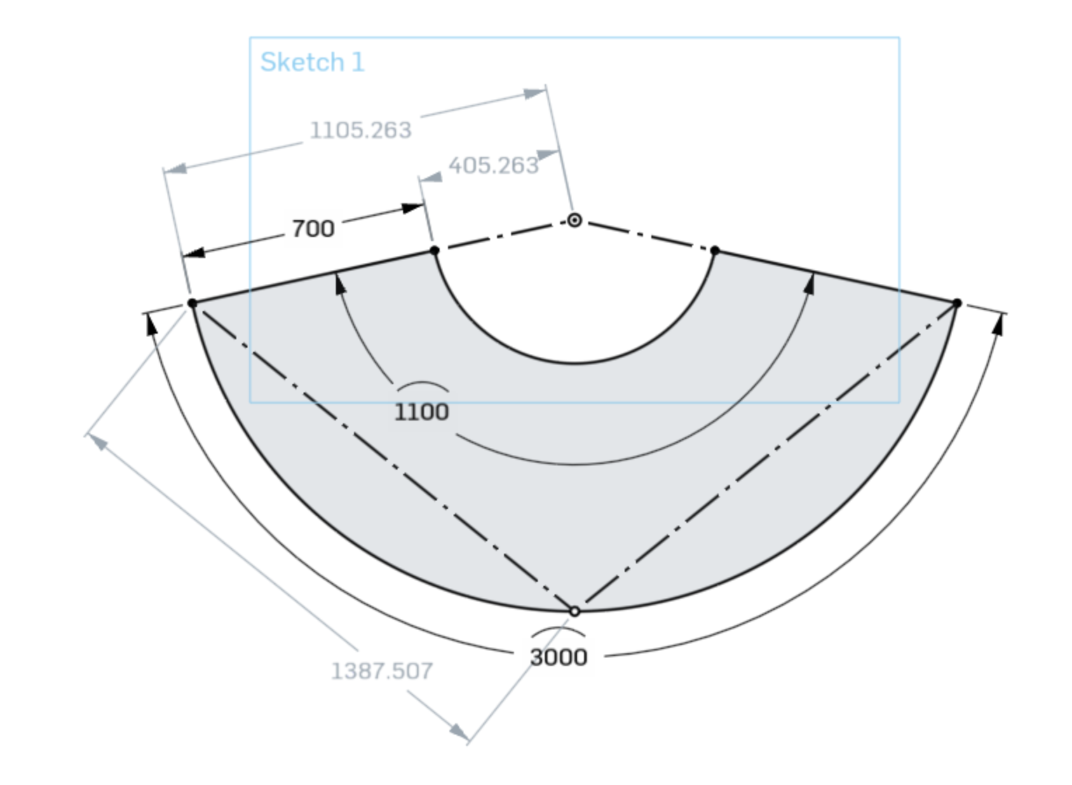 Screenshot of CAD software showing a 2D partial circle shape