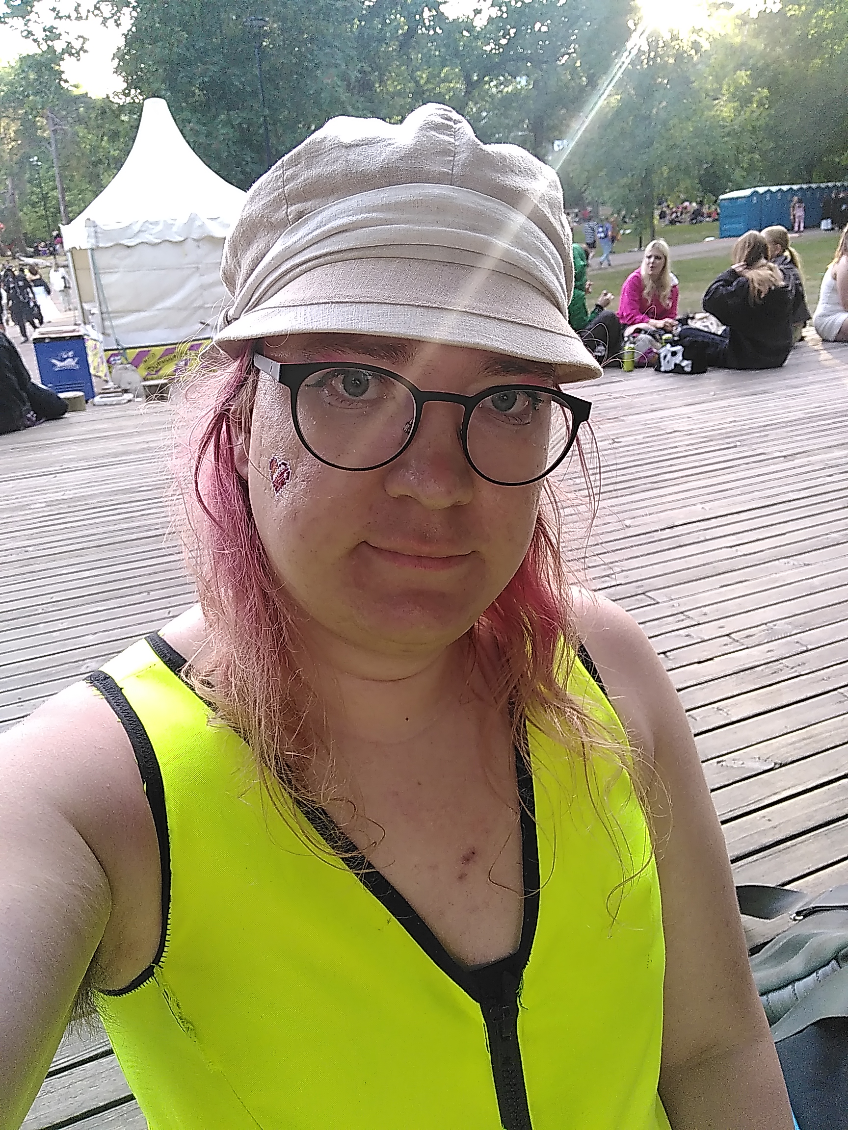 Selfie of me wearing a dress in a neon green-yellow high-visibility style